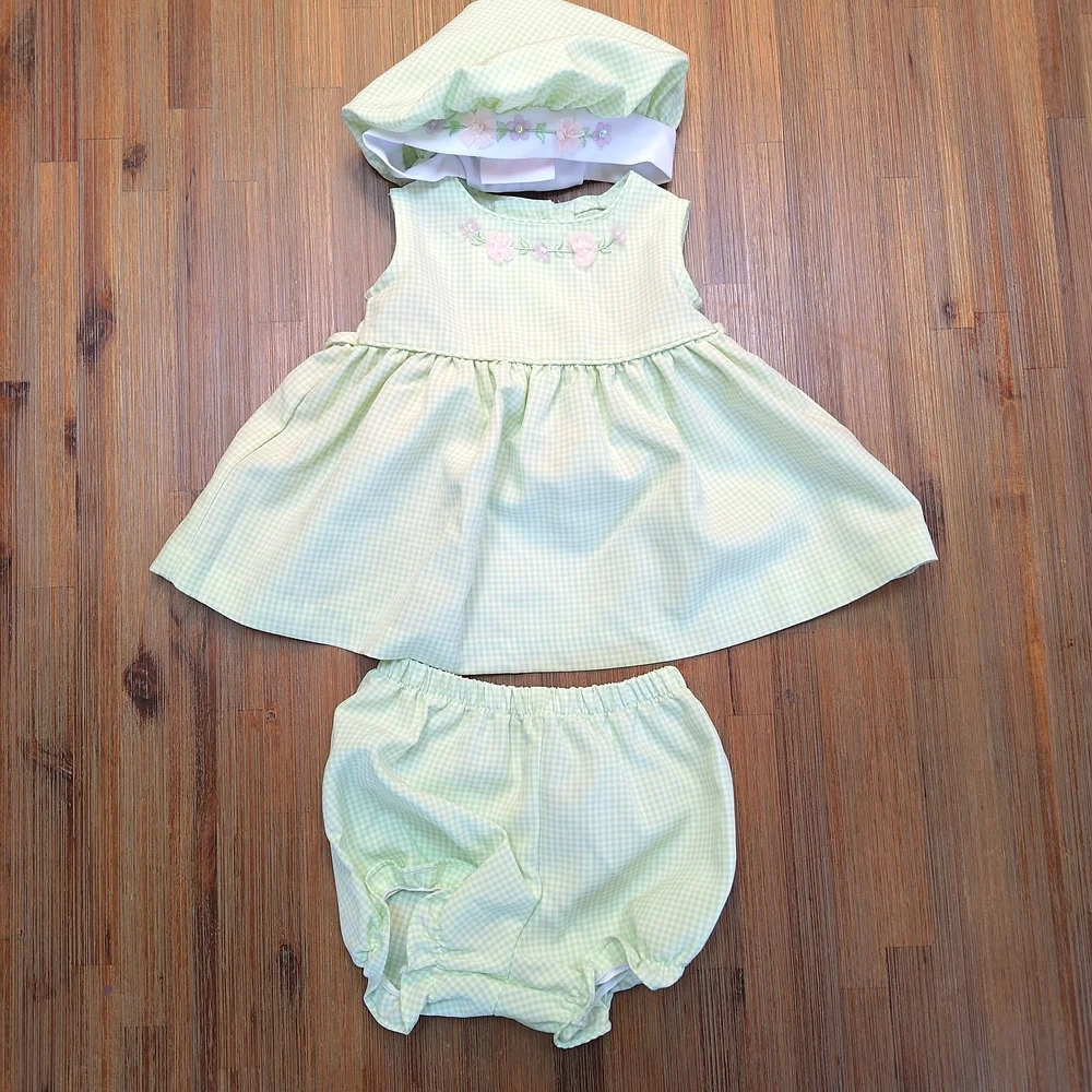 VTG Bonnie Baby Green Sleeveless Float Dress Set With Hat & Bloomers Size 3-6